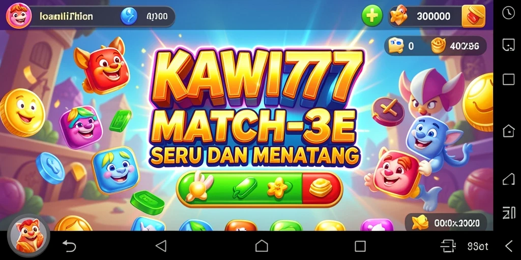 Screenshot utama KAWI777 menampilkan aksi gameplay Match-3 yang seru.