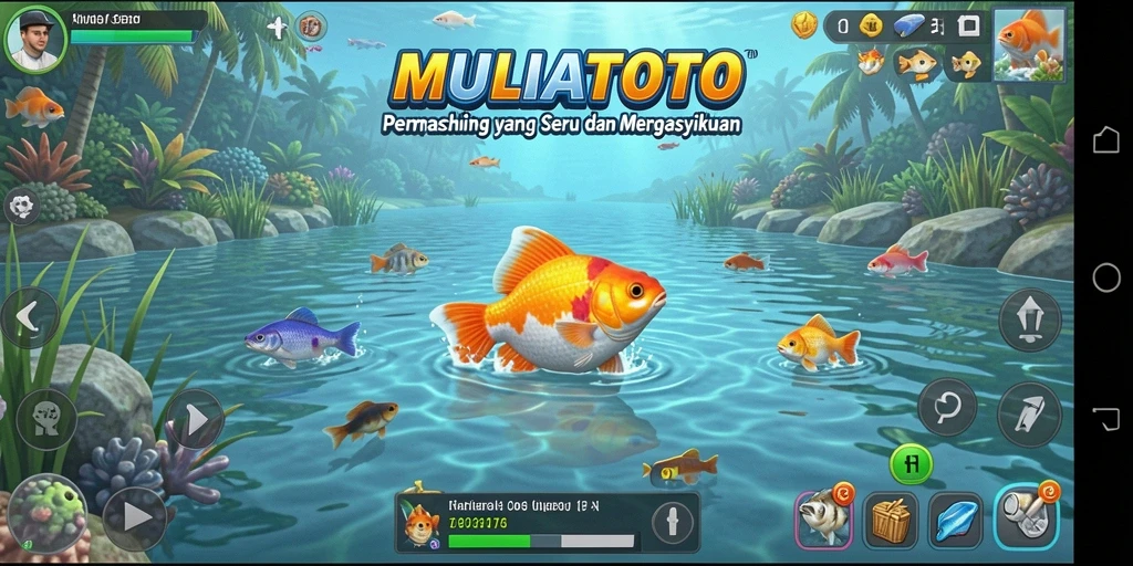 Tampilan gameplay MULIATOTO dengan suasana memancing yang menakjubkan.
