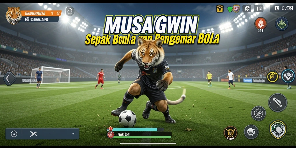 Screenshot gameplay MUSANGWIN menampilkan aksi sepak bola yang mendebarkan.