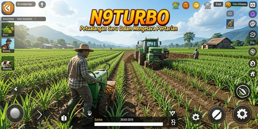 Screenshot gameplay N9TURBO yang menunjukkan aktivitas pertanian yang seru.