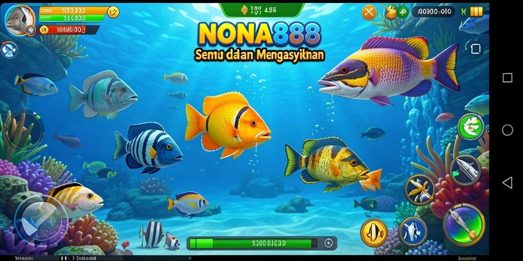 Gameplay NONA88 dengan berbagai ikan menunggu untuk ditangkap.
