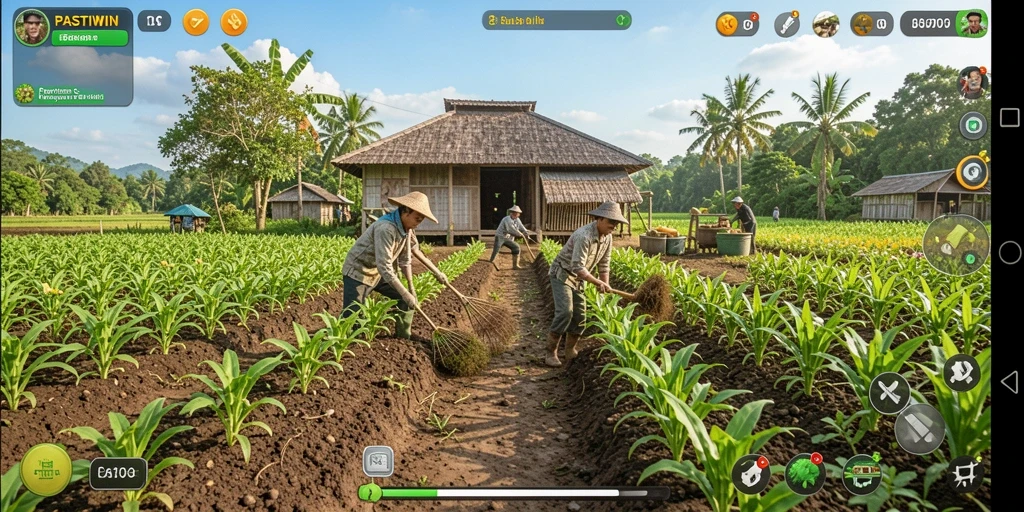 Tangkapan layar gameplay PASTIWIN menampilkan kebun yang indah dan hewan ternak.
