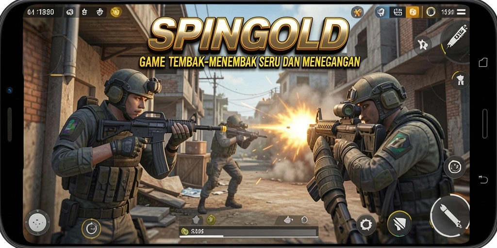 Screenshot gameplay SPINGOLD menunjukkan aksi tembak-menembak yang mendebarkan.