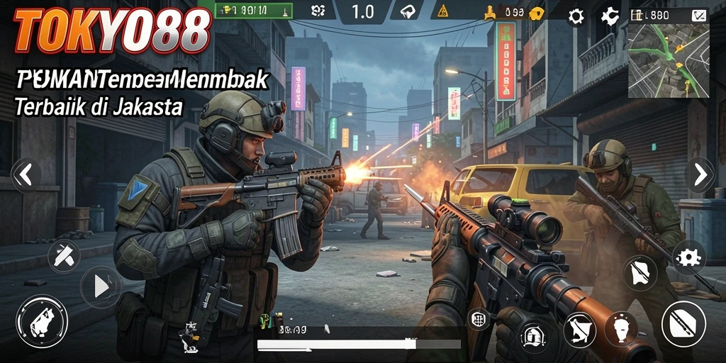 Screenshot utama TOKYO88 menampilkan aksi tembak-menembak yang intens.